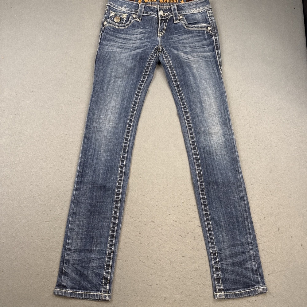 ROCK REVIVAL JEANS WOMENS 27/32 Celine SKINNY Studs Flap THICK STITCH WHISKERING - Picture 3 of 9
